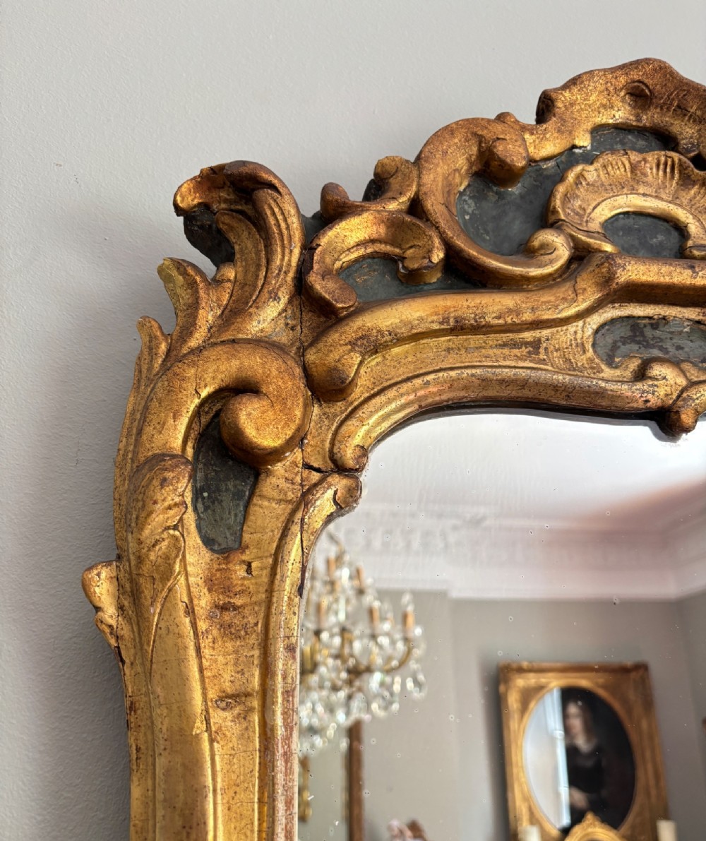 An 18th-century French Louis XV giltwood wall mirror featuring a carved rocaille shell cresting, scrolling side contours, and an arched glass plate. View IV