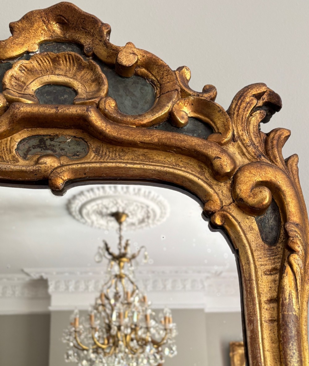 An 18th-century French Louis XV giltwood wall mirror featuring a carved rocaille shell cresting, scrolling side contours, and an arched glass plate. View V