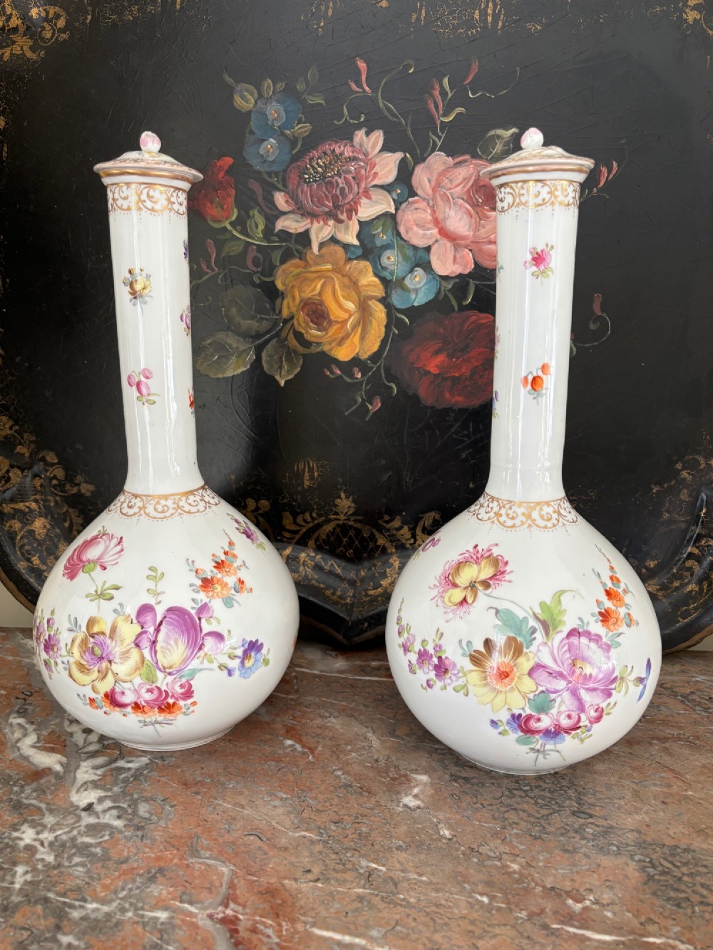 A Large Pair of 19thc Sitzendorf Vases with Covers of Bulbous Form. Hand Painted Floral Decoration.