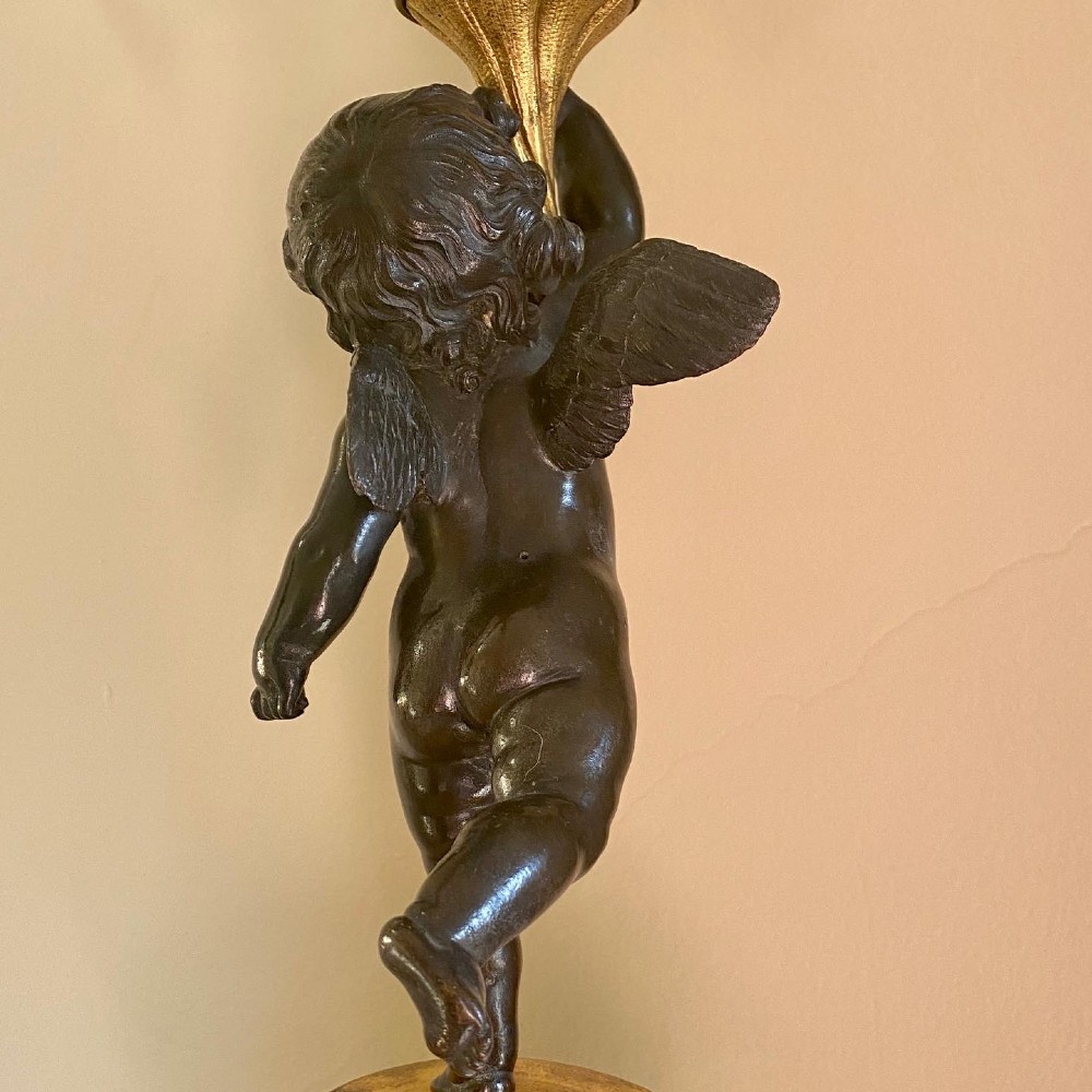 A pair of patinated bronze putti figures standing on marble pedestals, each holding gilt bronze scrollwork candelabra arms. View X