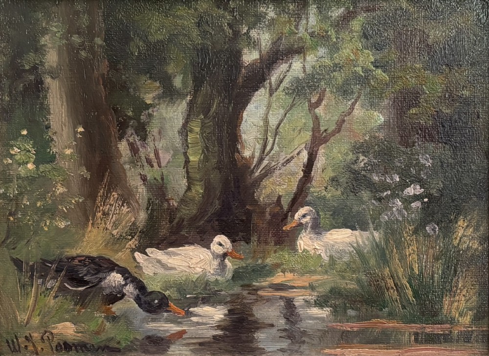 An oil painting on canvas depicting three ducks at a woodland pool, housed within an ornate carved giltwood frame. View II