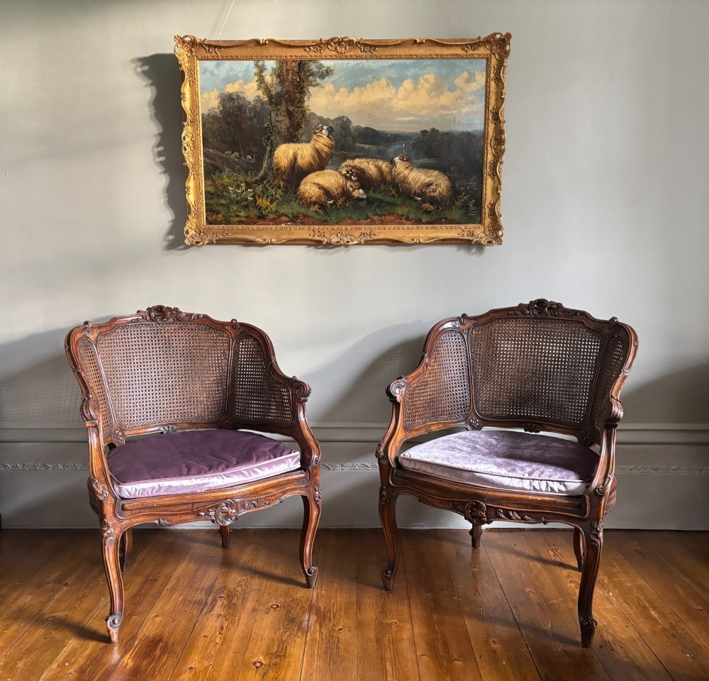 A pair of French Louis XV style carved wooden armchairs with woven cane backrests and purple velvet seat cushions resting on cabriole legs. View II