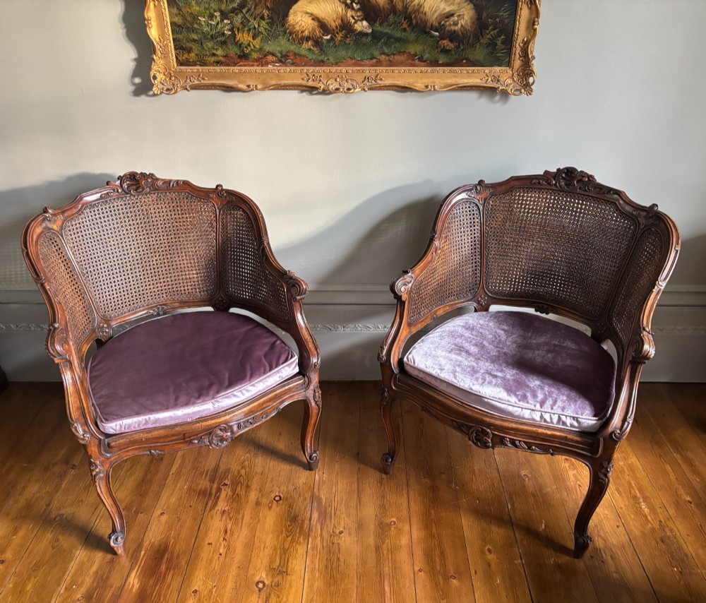 A pair of French Louis XV style carved wooden armchairs with woven cane backrests and purple velvet seat cushions resting on cabriole legs. View III