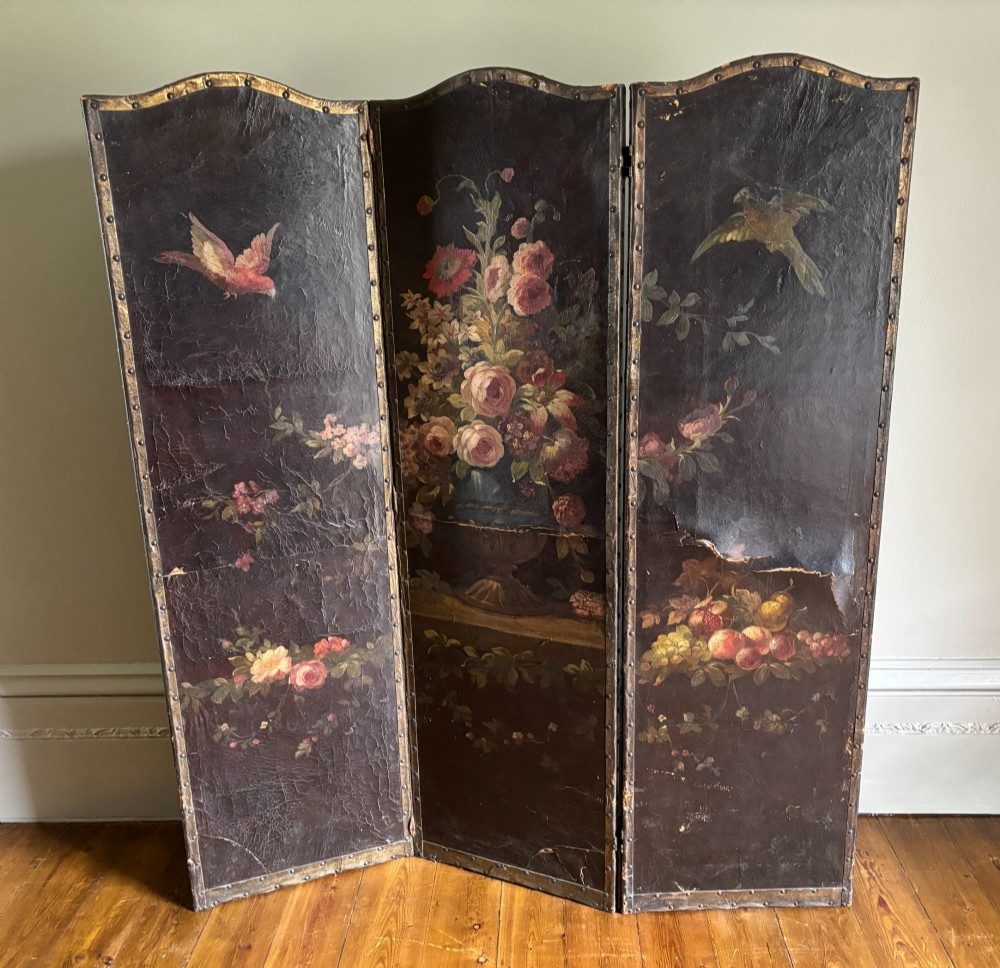 A Three Fold Leather Green. Hand Painted C1880