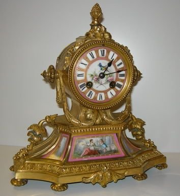 Japay Freres Porcelain Panelled Gilt Bronze Clock