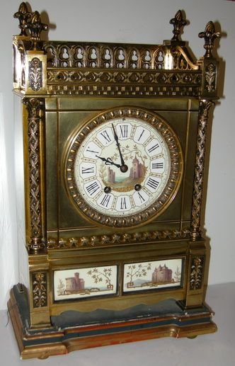 French Gilt Brass Silver and Porcelain Clock