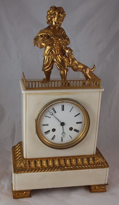 French White Marble Child and Dog Mantel Clock