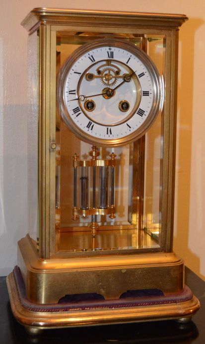 French Four Glass Mantel Clock Visible Escapement