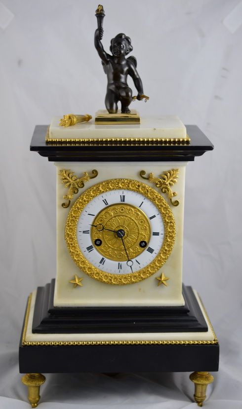 French Empire Marble Mantel Clock with Bronze Cherub