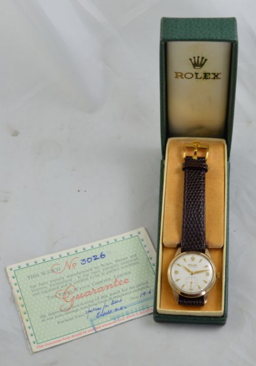 fig 1. 1959 9K Gold Rolex Precision with box and paperwork