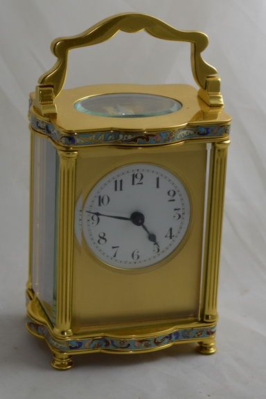 French Brass and Enamel Carriage Clock with Box