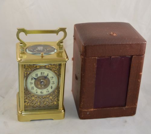 fig 1. Repeating and Striking Carriage Clock Gilt Dial Foliage Rococo Masking