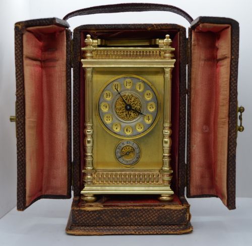 A French Decorative Brass Carriage Clock in Its Original Box