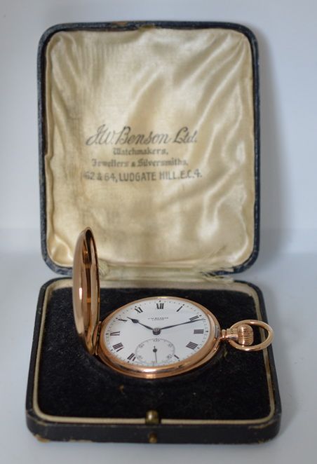 1928 Full Hunter Jw Benson 9k Gold Pocket Watch & Original Case