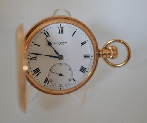 fig 1. 1928 Full Hunter JW Benson 9K Gold Pocket Watch & original Case