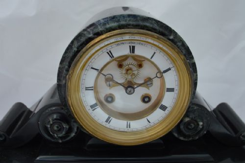fig 1. Victorian Drumhead Slate Mantel Clock Visible Escapement