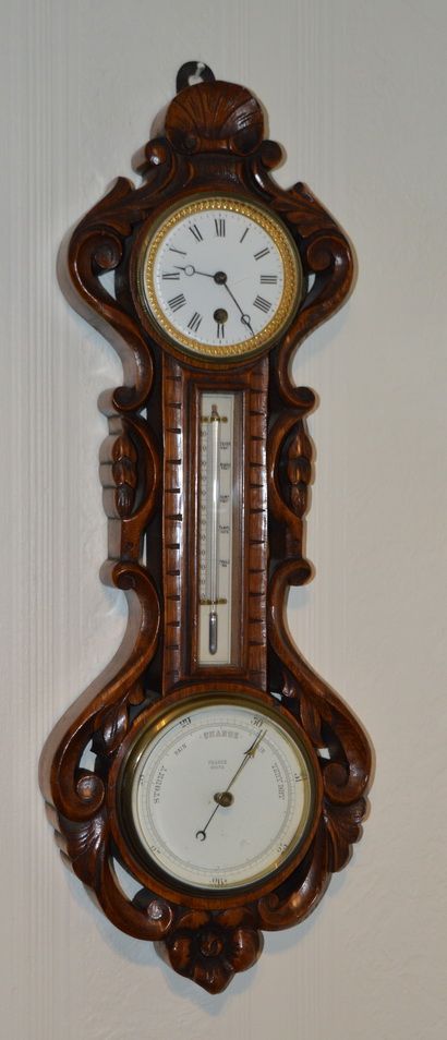 Victorian Walnut Carved Barometer with Clock