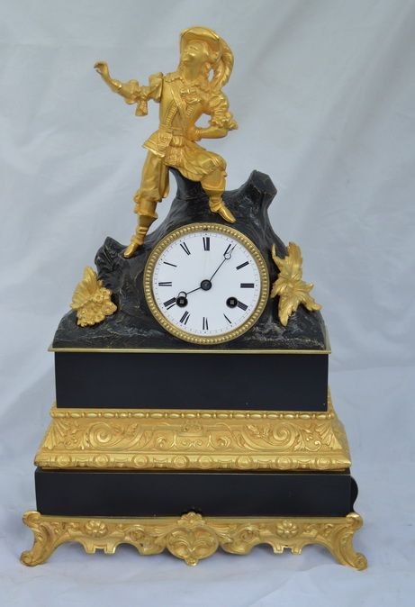 French Gilt Ormolu and Bronze Slim Mantel Clock