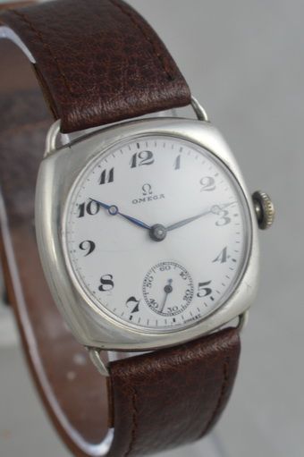 fig 1. 1924 Omega Silver 'Cushion' Cased Wristwatch