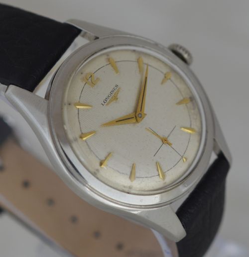 fig 1. 1957 Longines Oversized Stainless Steel Wristwatch 37.5mm
