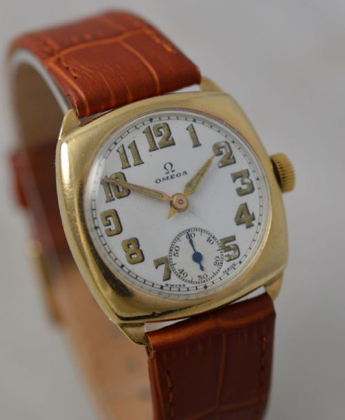 fig 1. 1934 Omega 9K Gold 'Cushion Case' Wristwatch