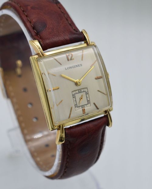 fig 1. 1946 Longines 14K Gold 'Tank' Wristwatch with Box