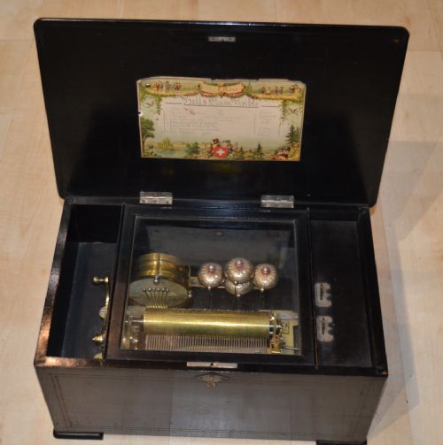 A Victorian Swiss Musical Box with Drum and 4 Bells