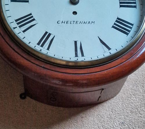 fig 1. A round antique Victorian mahogany fusee wall clock signed J Henry Cheltenham with a white painted dial and Roman numerals.