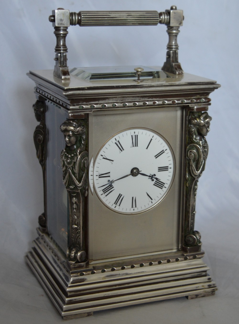 Silver Plated Caryatid Repeating Carriage Clock