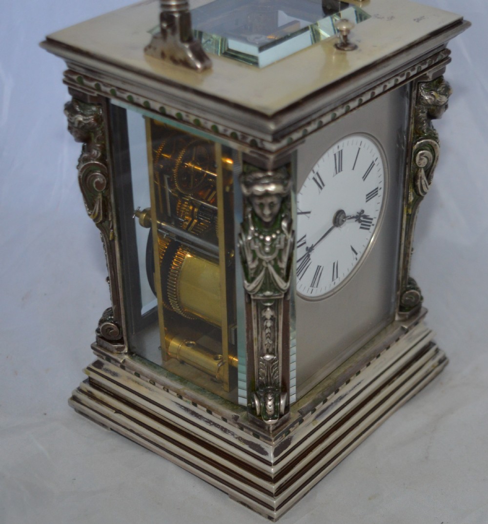 Silver Plated Caryatid Repeating Carriage Clock View VIII