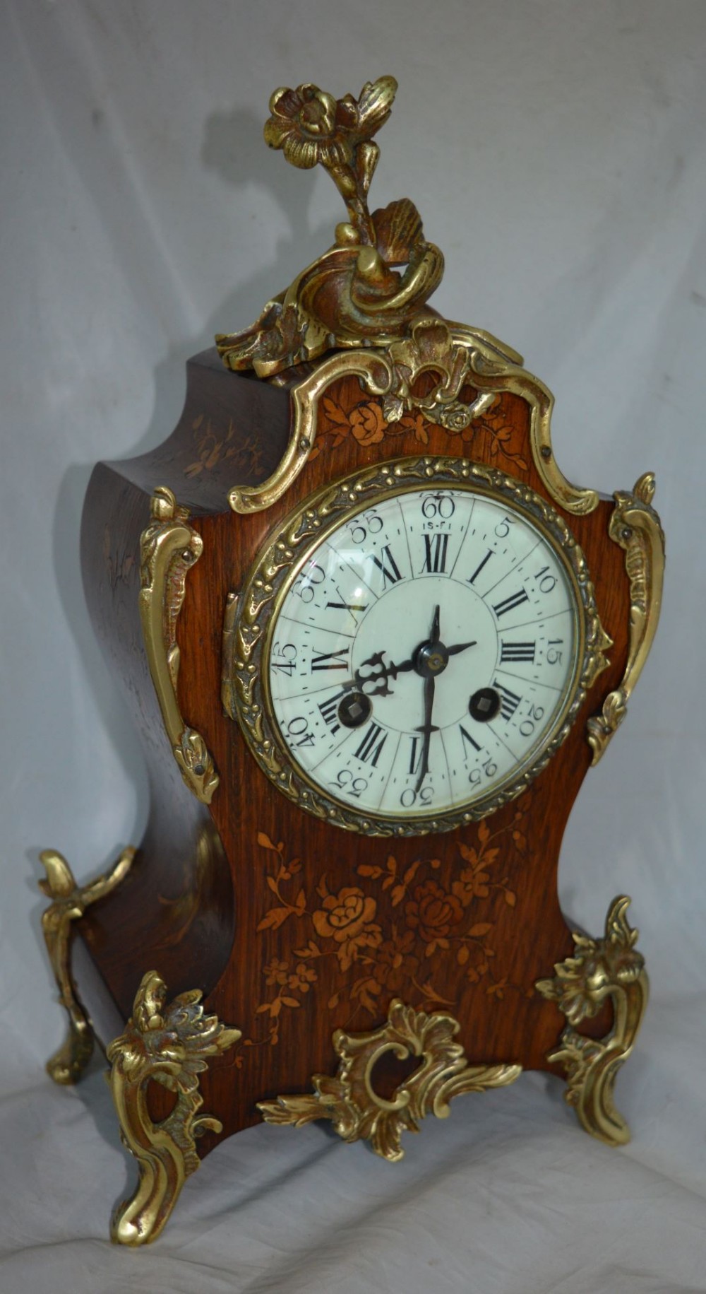 A French Rosewood Marquetry Inlaid Mantel Clock