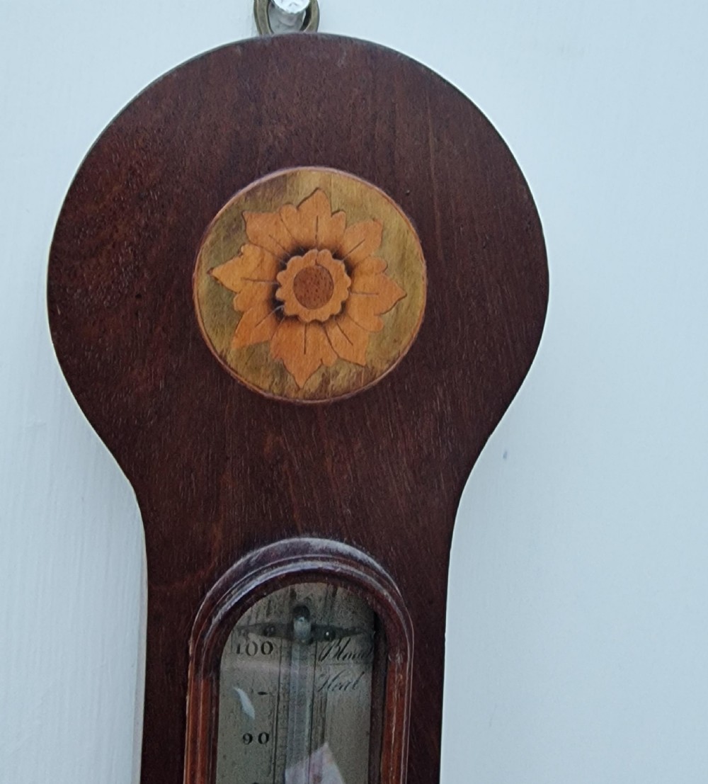 A Georgian mahogany banjo barometer featuring floral patera marquetry, an integrated thermometer tube, and a silvered weather dial in a brass bezel. View VI