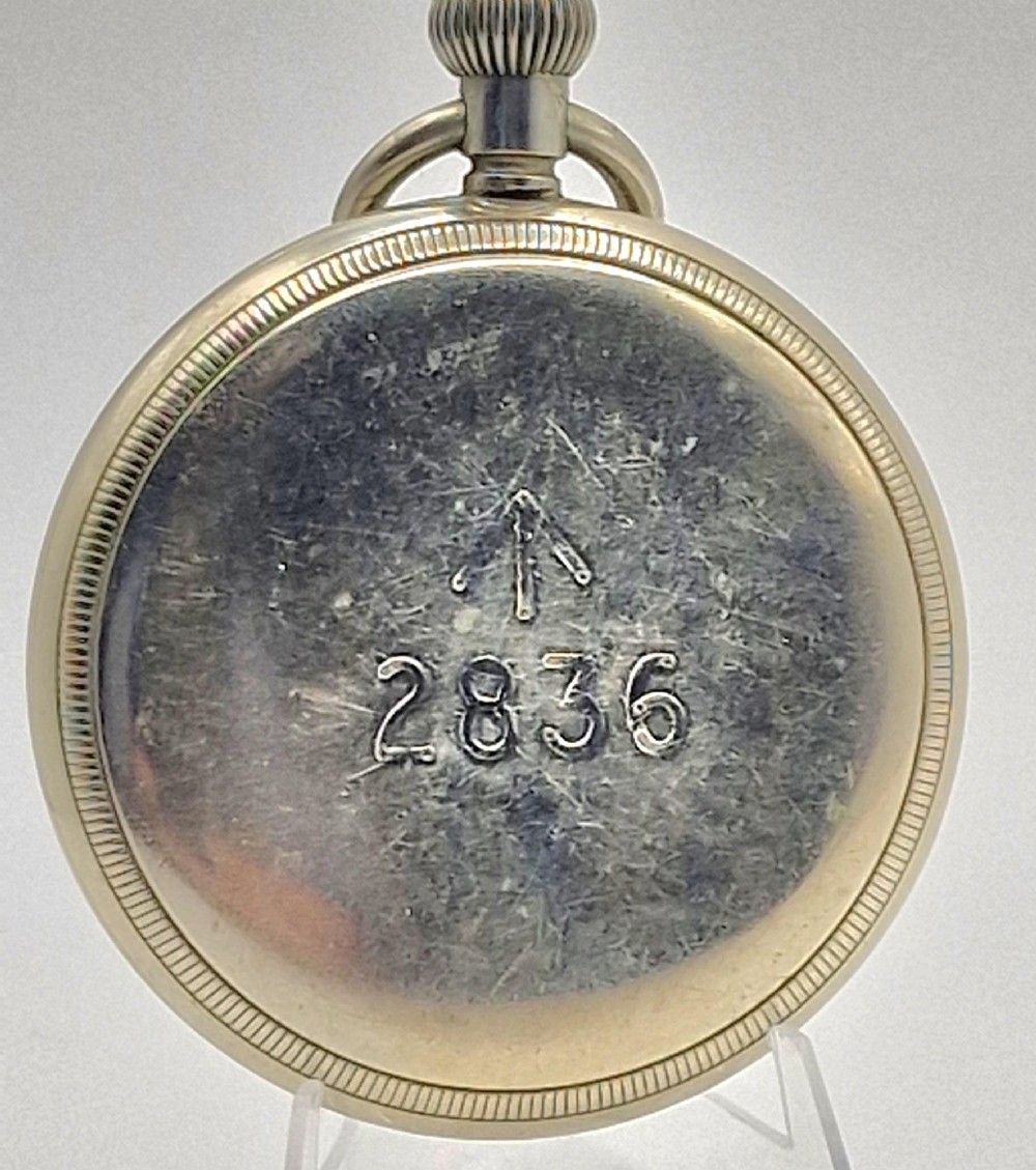 An open-face vintage Terminus military pocket watch featuring a white enamel dial with bold black Arabic numerals, a sub-seconds subdial at six oclock, and a reeded bezel. View II