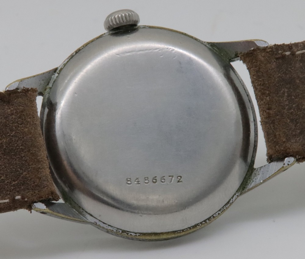 A 1950s Zenith Sporto mechanical wristwatch featuring a grey dial, Arabic numeral hour markers, a sub-seconds dial, and a brown leather strap. View VI