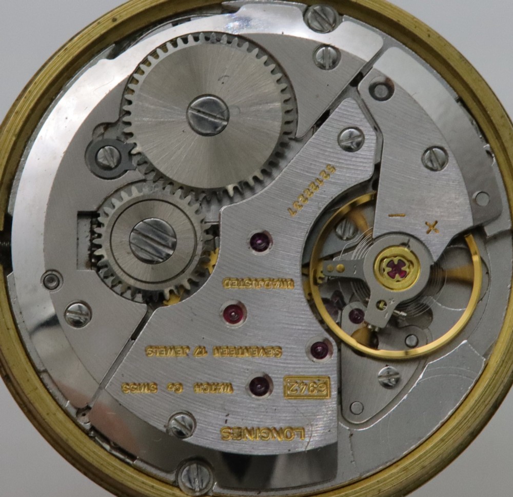 A 1974 Longines wristwatch with a cushion-shaped 9k yellow gold case, a white dial with black Arabic numerals, and a brown leather strap. View VIII