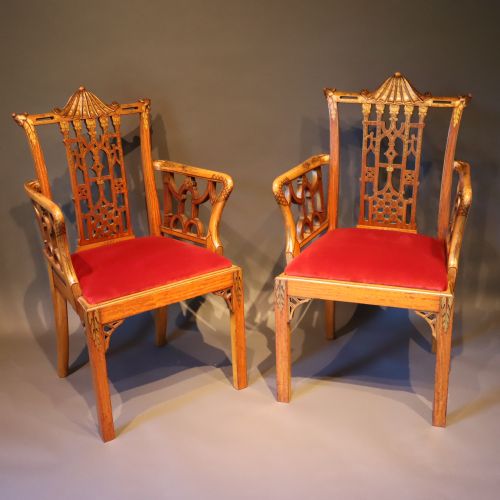 a pair of edwardian chinese chippendale revival painted satinwood elbow chairs - CATEGORY: ANTIQUE CHAIRS - DATED EDWARDIAN