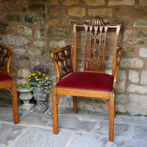 A PAIR OF EDWARDIAN CHINESE CHIPPENDALE REVIVAL PAINTED SATINWOOD ELBOW CHAIRS - ADDITIONAL PHOTO 4