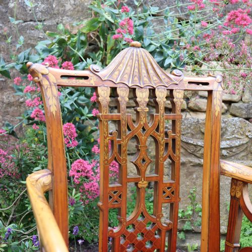 A PAIR OF EDWARDIAN CHINESE CHIPPENDALE REVIVAL PAINTED SATINWOOD ELBOW CHAIRS - ADDITIONAL PHOTO 7