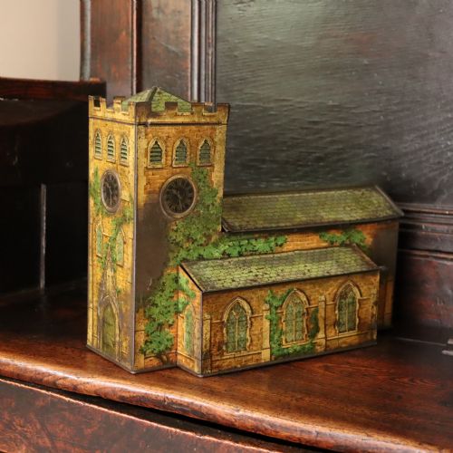 CIRCA 1910 NOVELTY VICTORY LOZENGES TIN IN THE FORM OF A CHURCH WITH LIFT UP LIDS - ADDITIONAL PHOTO 1