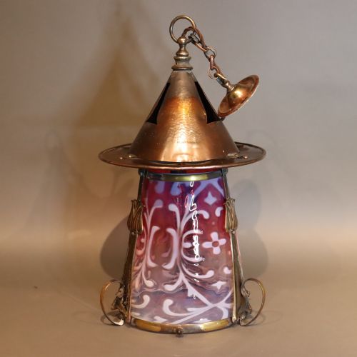 large arts crafts lantern with cranberry shade - CATEGORY: ANTIQUE LIGHTING - DATED 1910