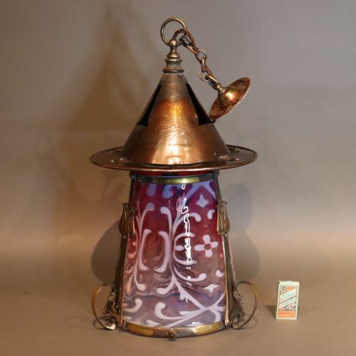 LARGE ARTS CRAFTS LANTERN WITH CRANBERRY SHADE - ADDITIONAL PHOTO 1