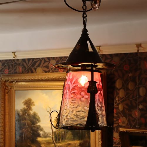 LARGE ARTS CRAFTS LANTERN WITH CRANBERRY SHADE - ADDITIONAL PHOTO 2