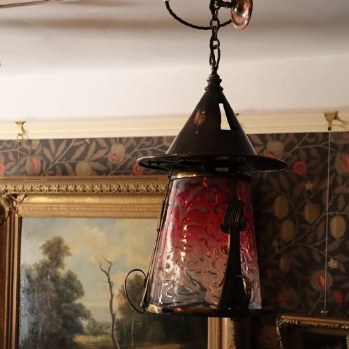 LARGE ARTS CRAFTS LANTERN WITH CRANBERRY SHADE - ADDITIONAL PHOTO 3