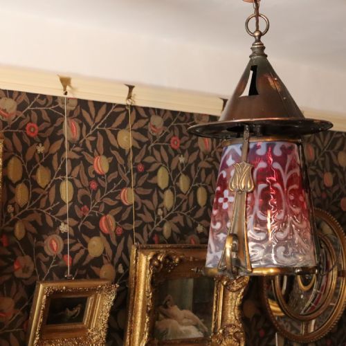 LARGE ARTS CRAFTS LANTERN WITH CRANBERRY SHADE - ADDITIONAL PHOTO 4