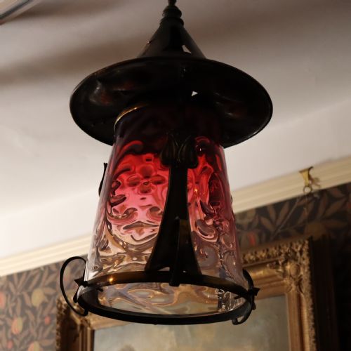 LARGE ARTS CRAFTS LANTERN WITH CRANBERRY SHADE - ADDITIONAL PHOTO 5