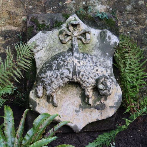 large 19th century possibly earlier sandstone wall plaque depicting a sheep suspended in a ribbon - CATEGORY: ANTIQUE MISCELLANEOUS - DATED 19TH CENTURY
