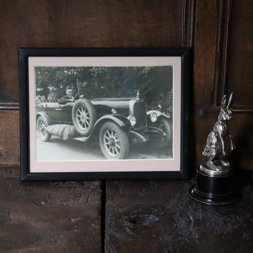 EARLY 20TH CENTURY ALVIS HARE CAR MASCOT COMPLETE WITH FRAMED PHOTOGRAPH OF PROUD YOUNG OWNER - ADDITIONAL PHOTO 1