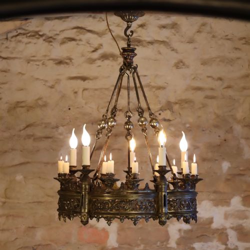 large gothic revival gilt brass chandelier - CATEGORY: ANTIQUE LIGHTING - DATED 1900