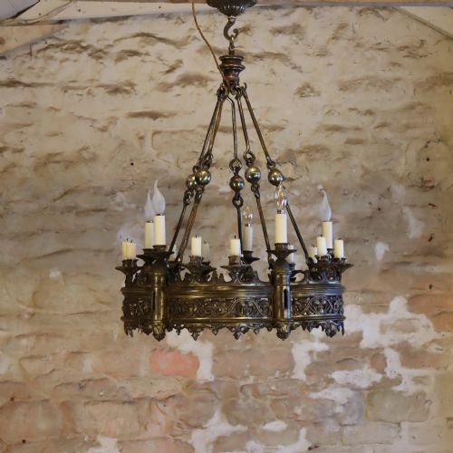 LARGE GOTHIC REVIVAL GILT BRASS CHANDELIER - ADDITIONAL PHOTO 7