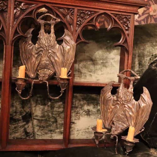 A PAIR OF BRONZE HANGING BAT WALL SCONCES BY WILLIAM TONKS SONS FOR LIBERTY'S - ADDITIONAL PHOTO 1